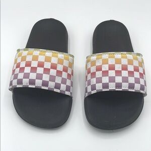 Vans Purple and Red Slide Sandals with Checkered Pattern